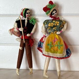 Vintage Hand Crafted Portuguese Santa Folk Art Colorful Yarn or String Dolls